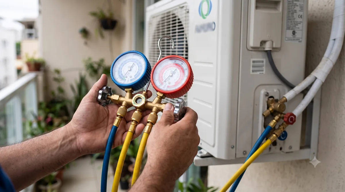 Técnico da Lavex usando manômetro em unidade externa de ar-condicionado