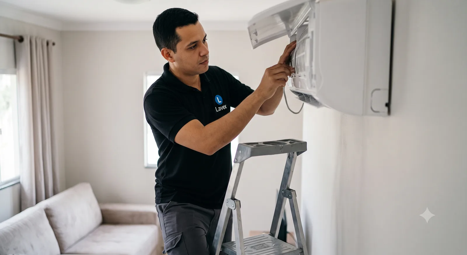 Técnico da Lavex instalando ar-condicionado split em residência em Tatuí