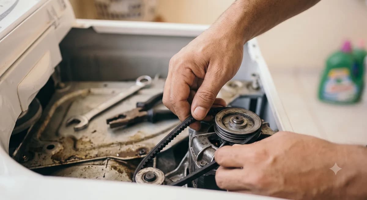Técnico ajustando componentes mecânicos de uma secadora