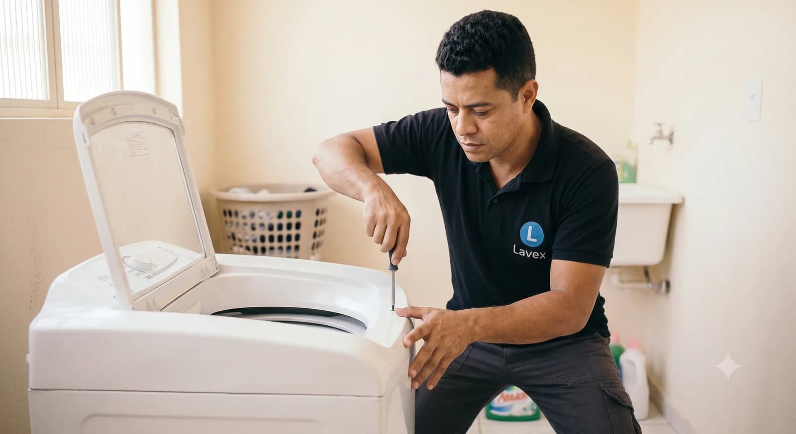 Técnico da Lavex realizando conserto de secadora de roupas em Tatuí