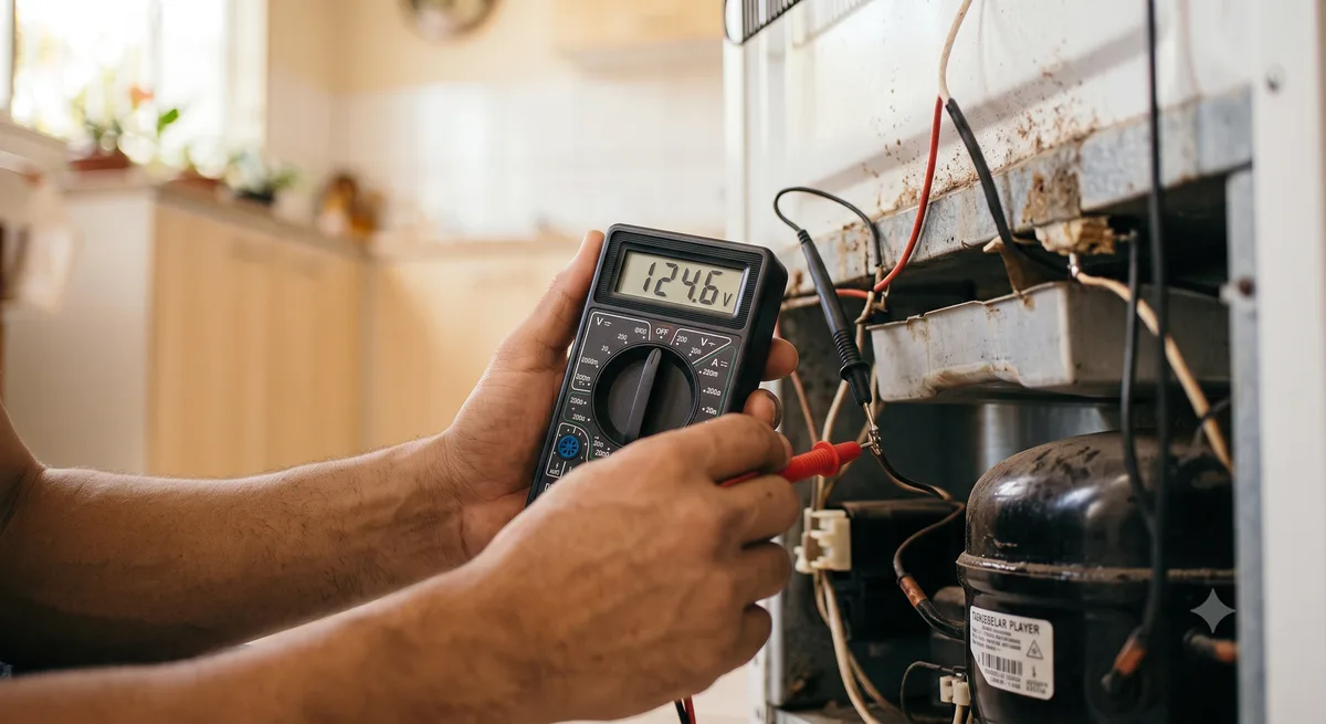 Técnico da Lavex usando multímetro para diagnosticar componente elétrico de geladeira