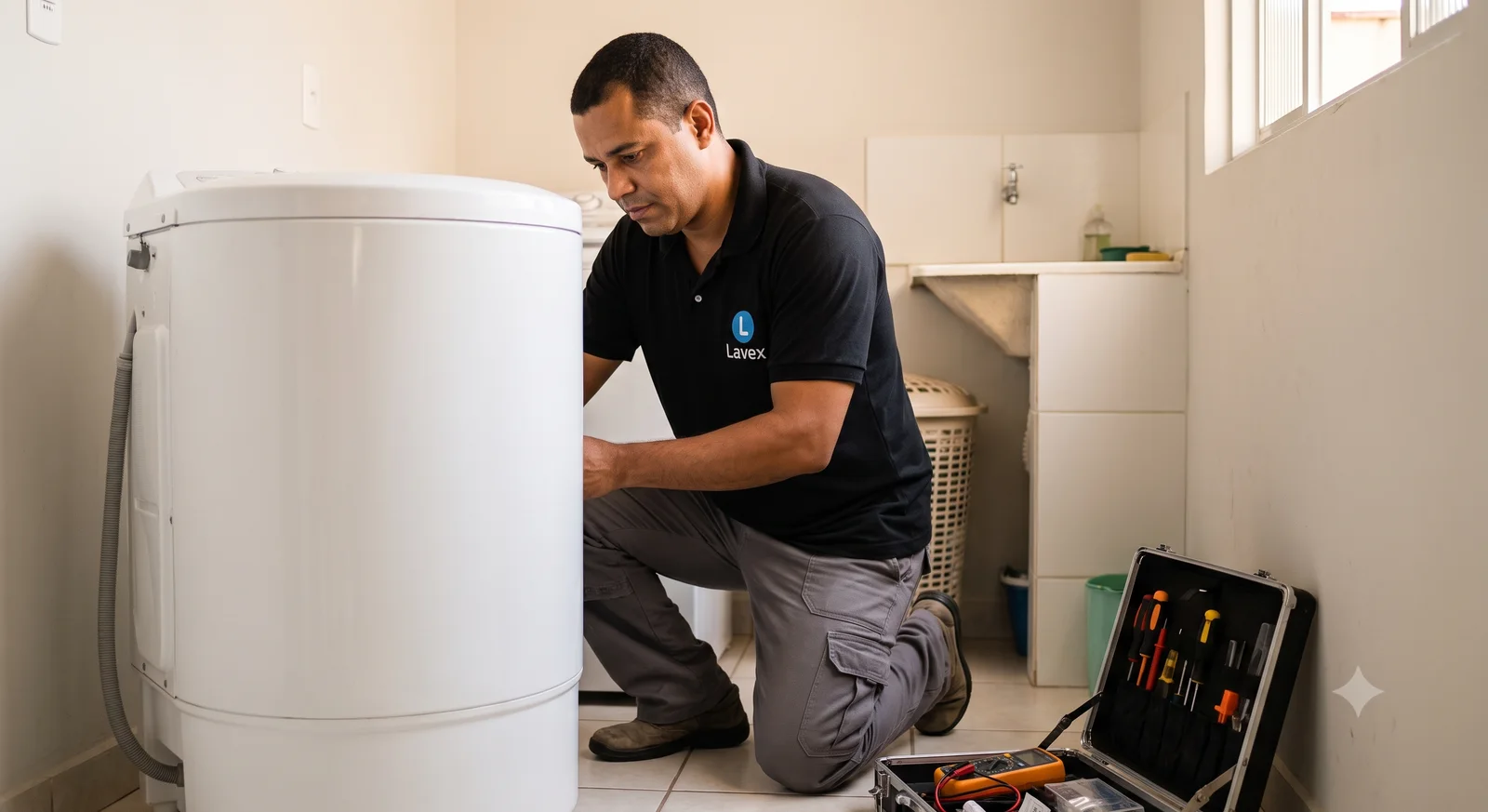 Técnico da Lavex consertando uma máquina de lavar na área de serviço de uma casa em Tatuí